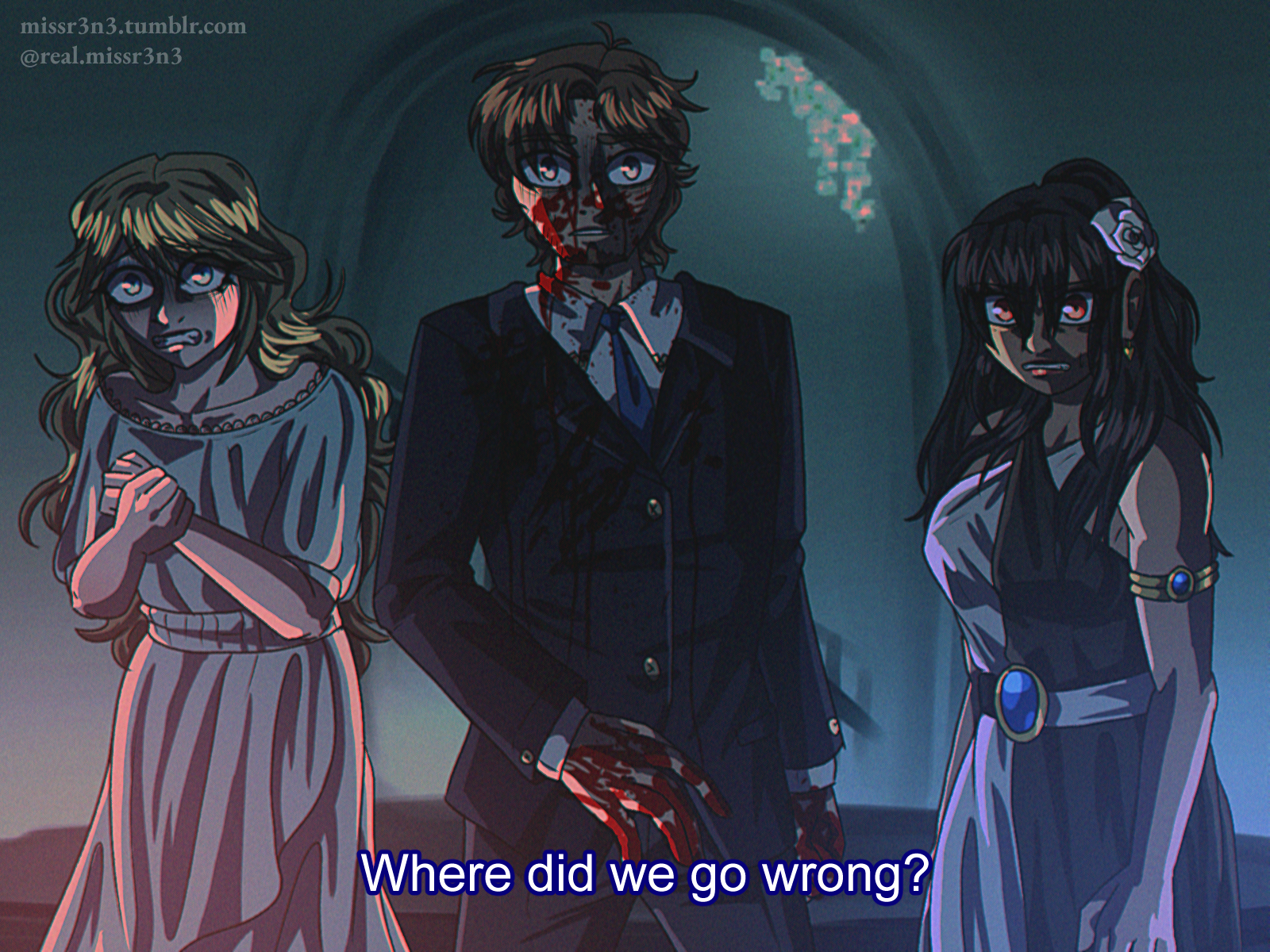 a fake anime screenshot of isabelle, norman, and officer wong from the cabin tales christmas special. norman is in the center, covered in blood and looking shocked. isabelle is on the left looking afraid, and wong is on the right looking angry. text in the style of fansubs reads 'where did we go wrong?'